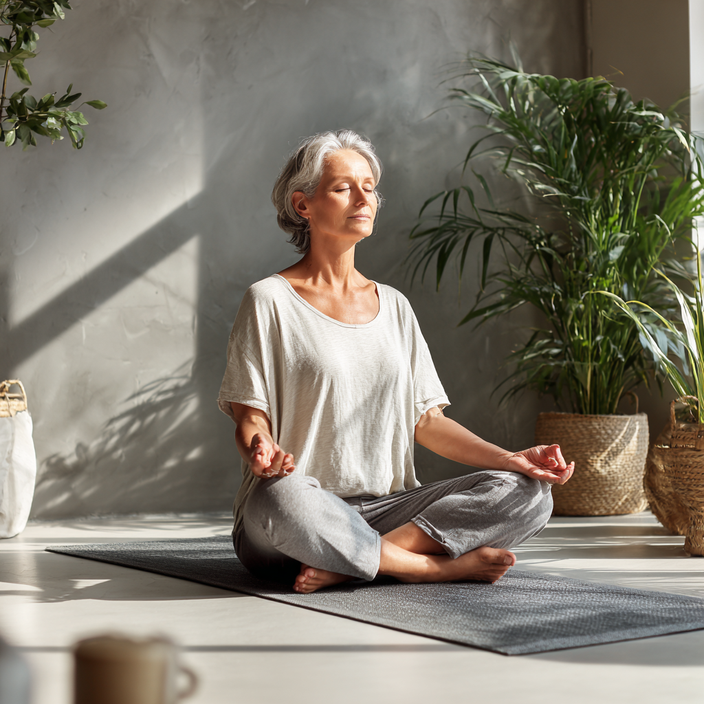 Middle-aged adult practicing gentle yoga pose on mat in calm indoor environment