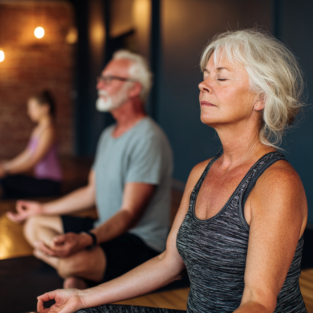 Older adults in meditation pose creating calm breathing practice in serene yoga studio